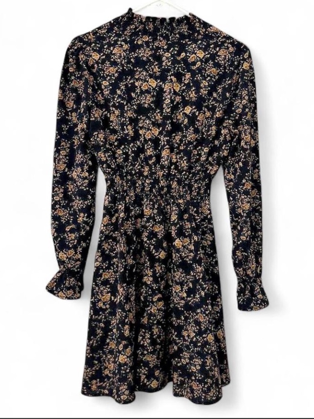 SHEIN Black Floral Smocked Waist Long-Sleeve Dress with Mustard Accents